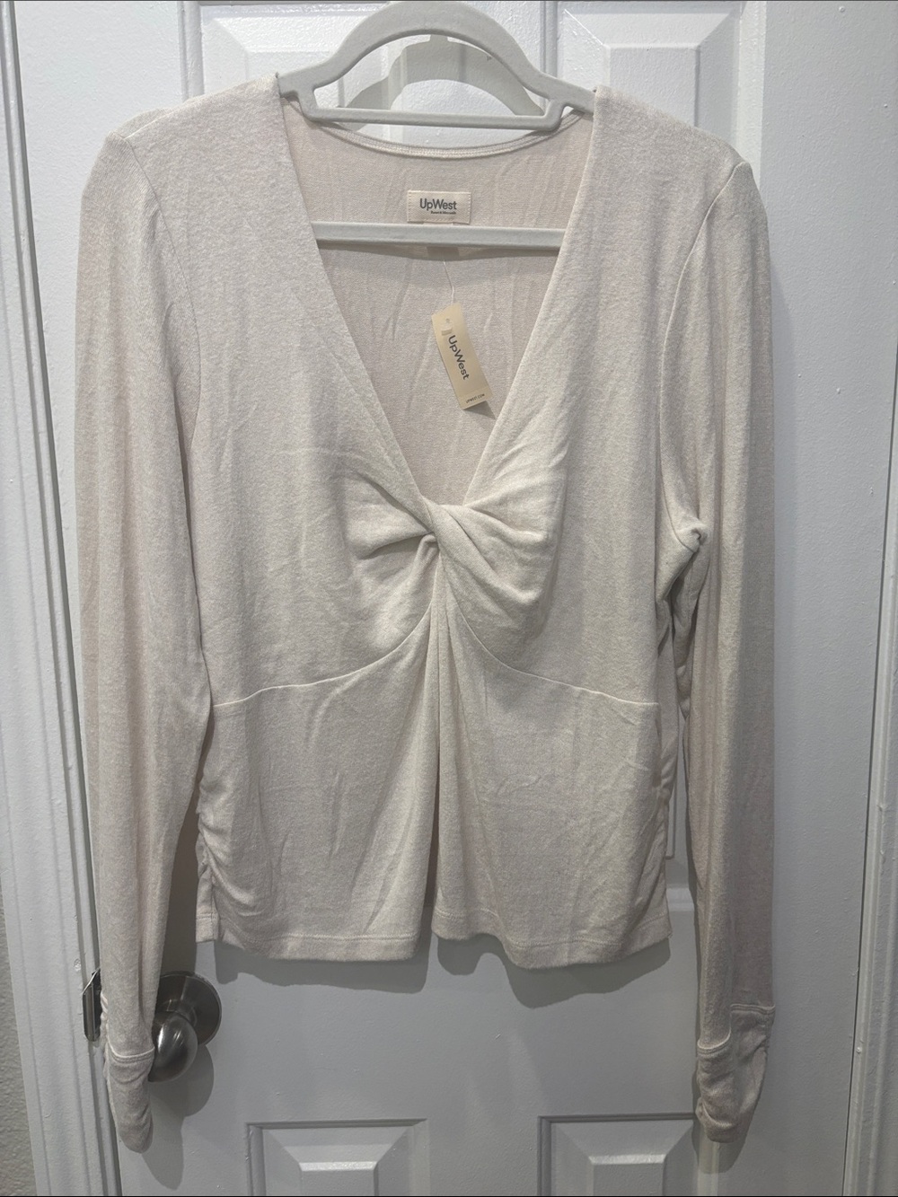 UpWest Cream Twist-Front V-Neck Long Sleeve Top - Neutral Cream